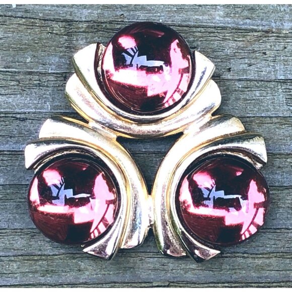 Unique Futuristic Gold Tone Triangle Brooch with Amber Glass Cabochons - Picture 1 of 3